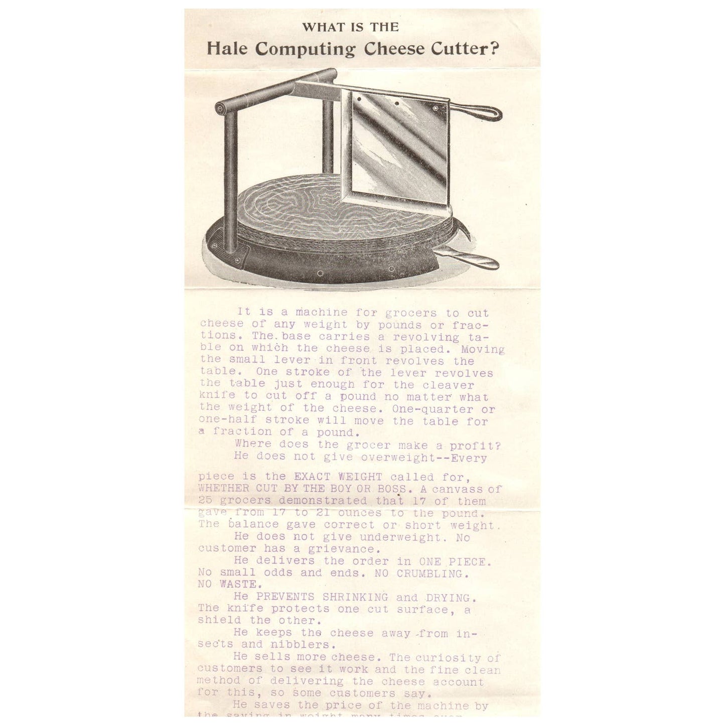 Vintage Advertising Leaflet Hale Computing Cheese Cutter AD1