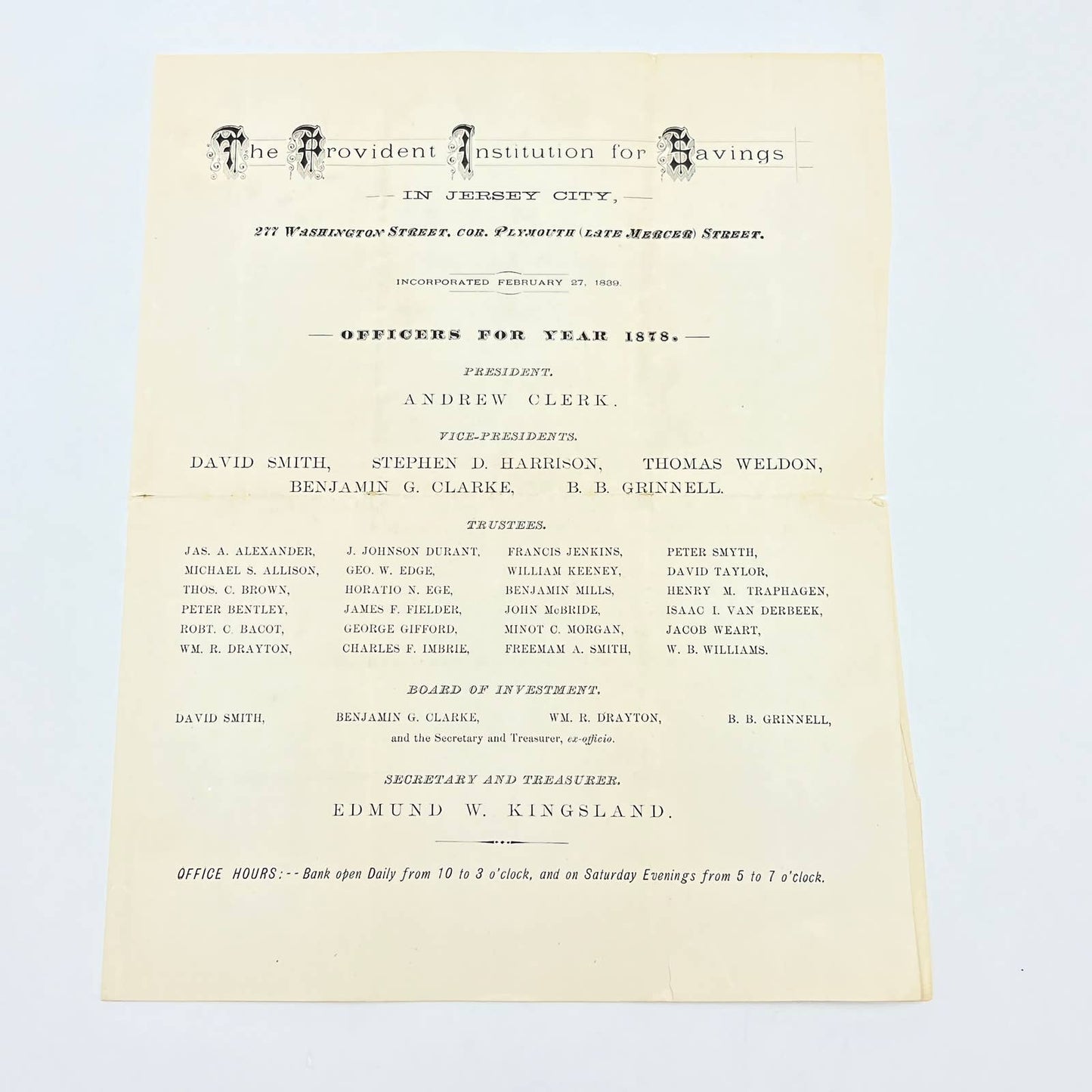 1878 The Provident Institution for Savings in Jersey City Brochure Leaflet AB8