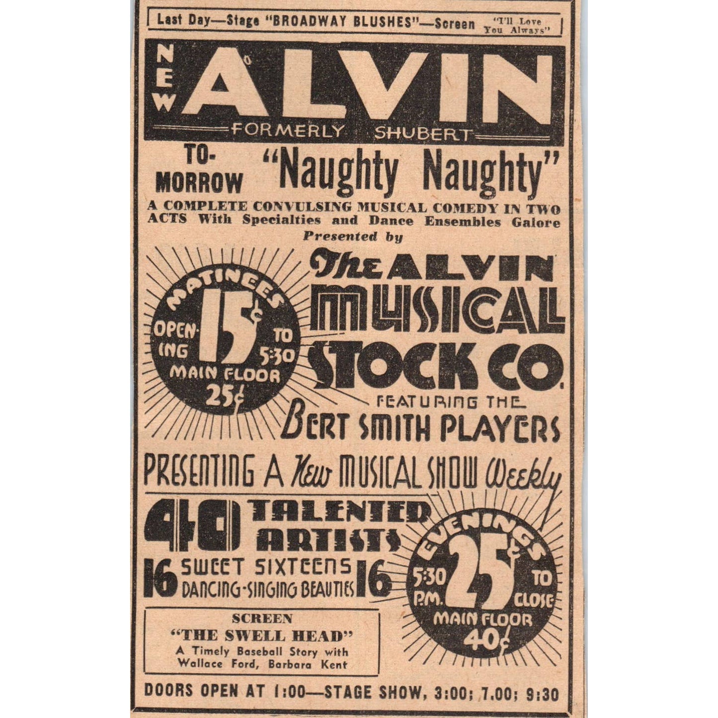 1935 Minneapolis Journal Newspaper Ad New Alvin Theatre Formerly Shubert FL5-5