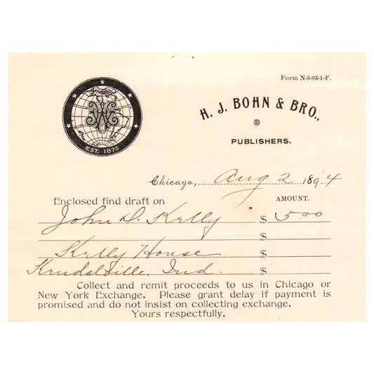 1894 H.J. Bohn & Bro. Publishers Draft Memo Chicago IL AD8