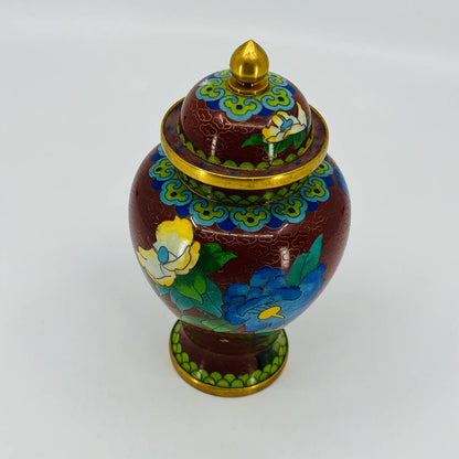 Antique/Vintage Chinese Cloisonné Enamel & Brass Ginger Jar Vase Urn 6” TB7