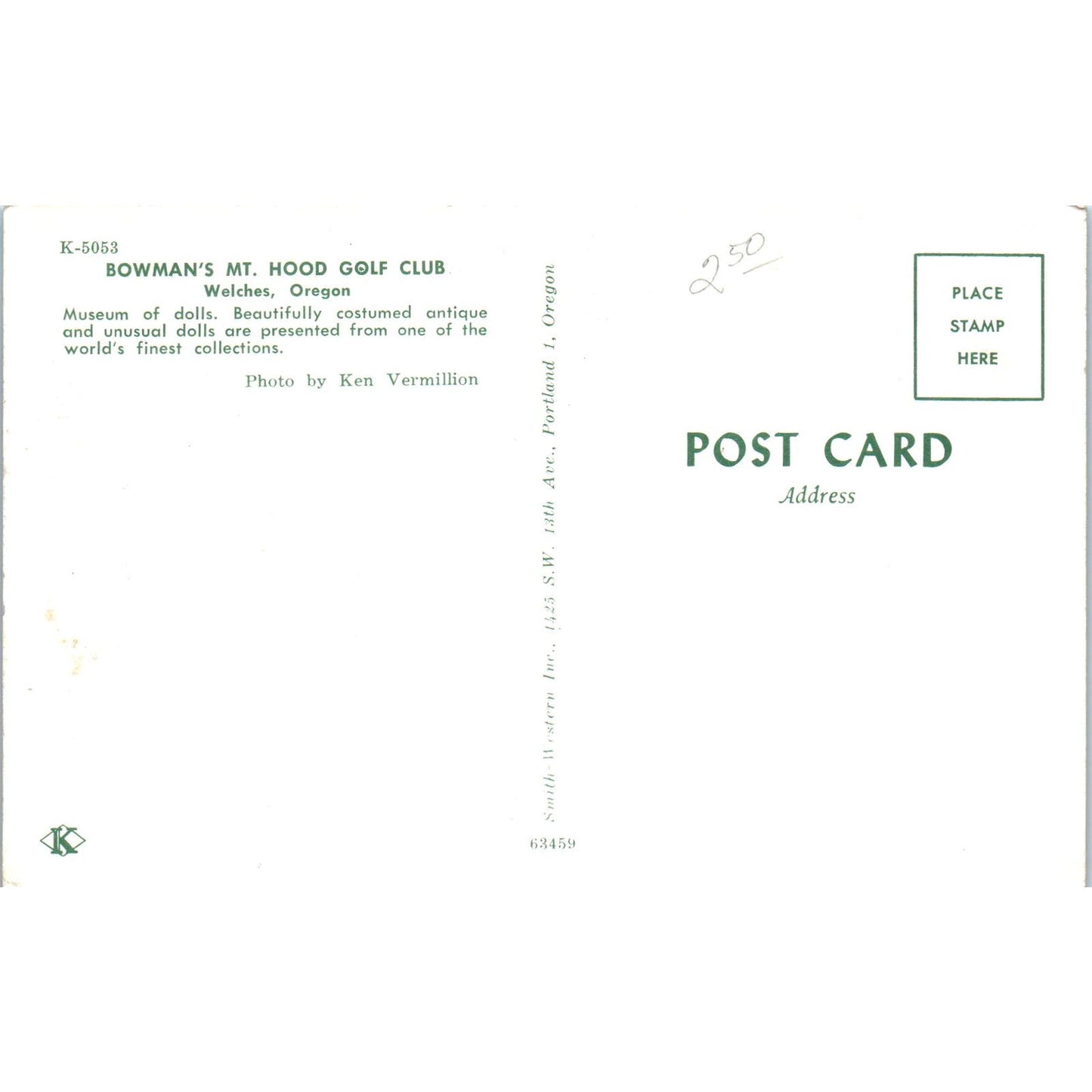 Bowman's Mt. Hood Golf Club Welches Oregon Museum of Dolls Original Postcard PB8