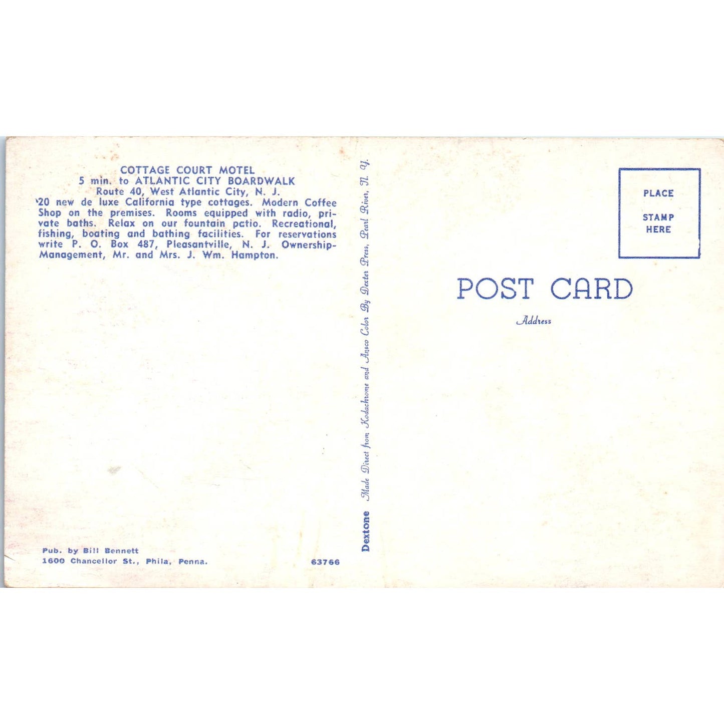 Cottage Court Motel Atlantic City NJ J. Wm. Hampton - Original Postcard TJ7-RP2