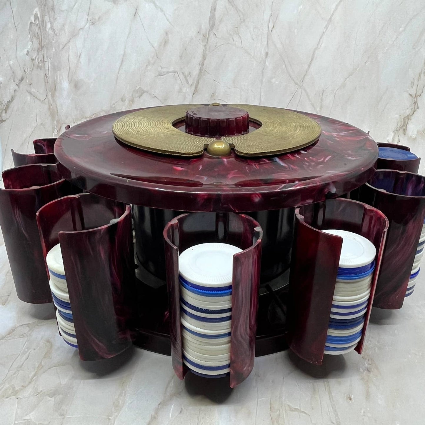 Vintage Turnit Poker Chip Caddy / Cranberry Marbled Bakelite WORKS 10” TC5