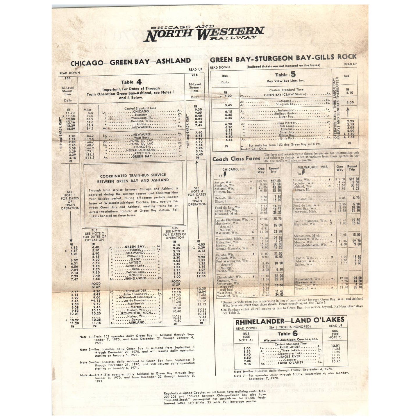 1970 Chicago and Western Railroad Timetable Chicago Milwaukee Green Bay SE4