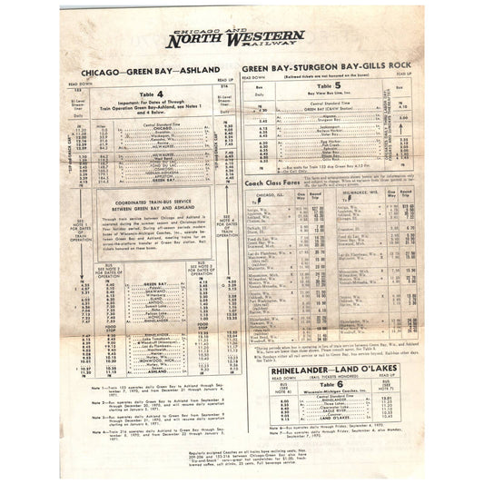 1970 Chicago and Western Railroad Timetable Chicago Milwaukee Green Bay SE4