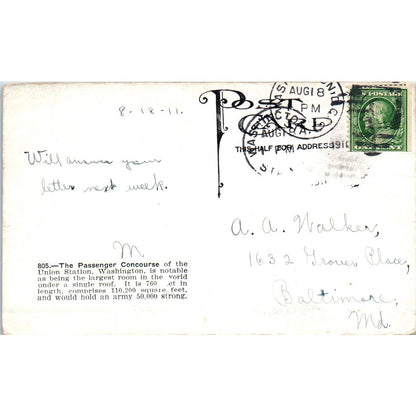 Union Station Concourse 1911 Washington D.C. Original Postcard TK1-P2