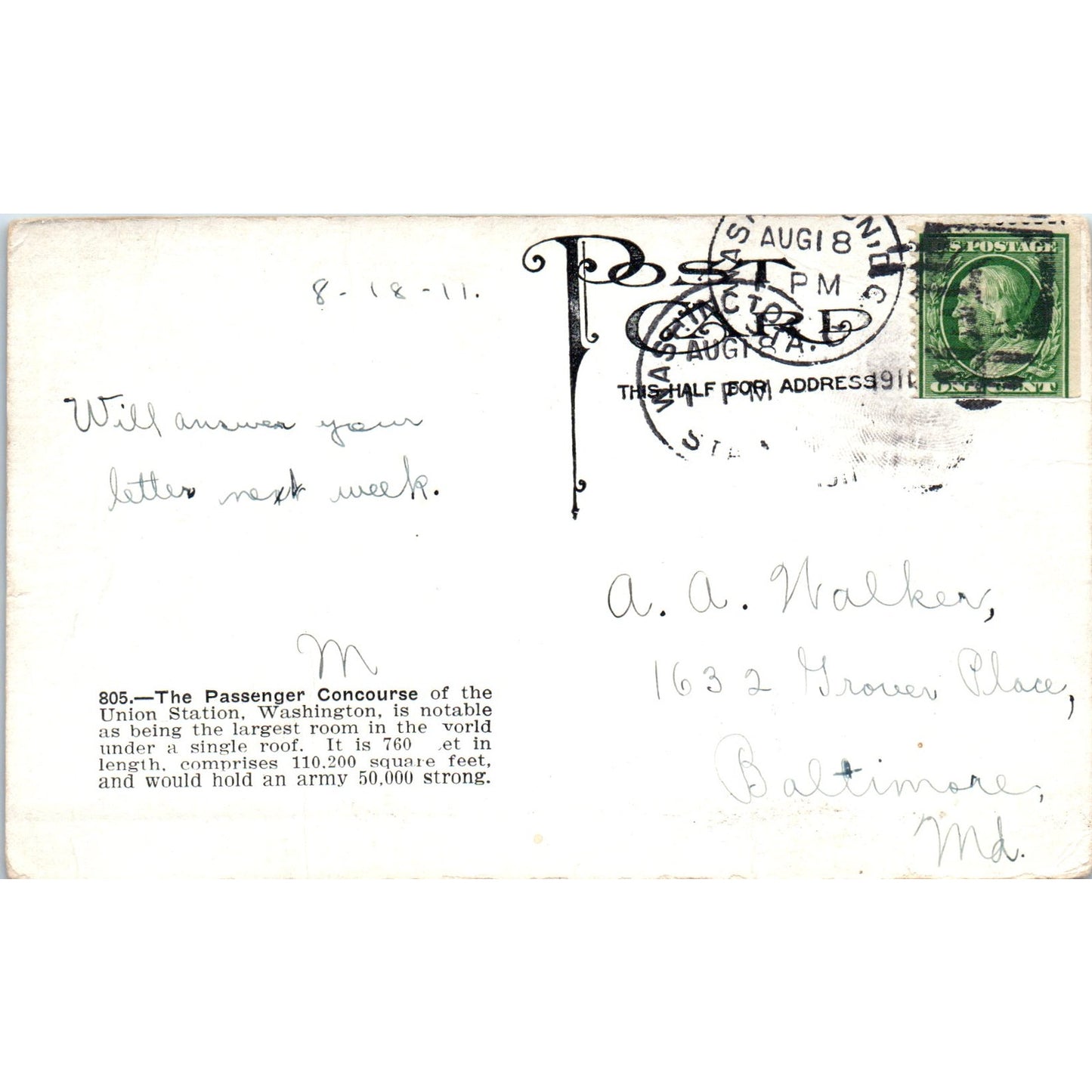Union Station Concourse 1911 Washington D.C. Original Postcard P1-16