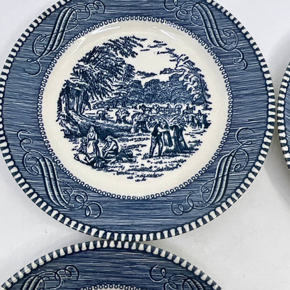 Currier & Ives BLUE Harvest Wheat Royal China Set 4 Dessert Bread Plates 6” TI3