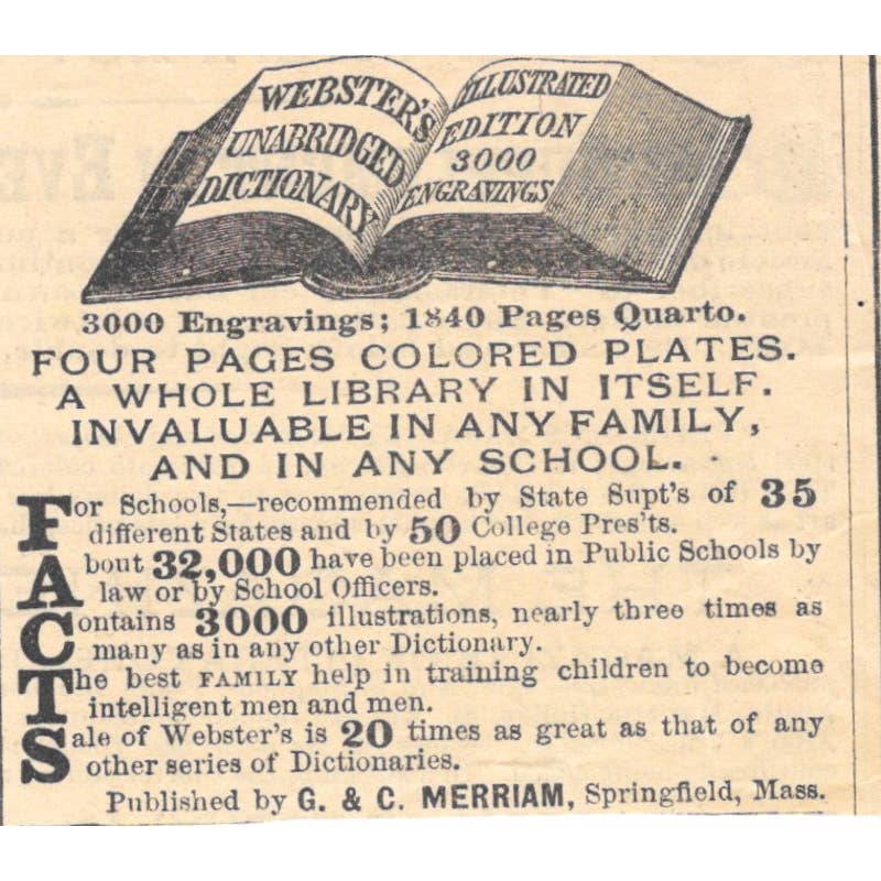 Webster's Dictionary Springfield Mass - Victorian Ad 1878 Original TJ7-L2-1