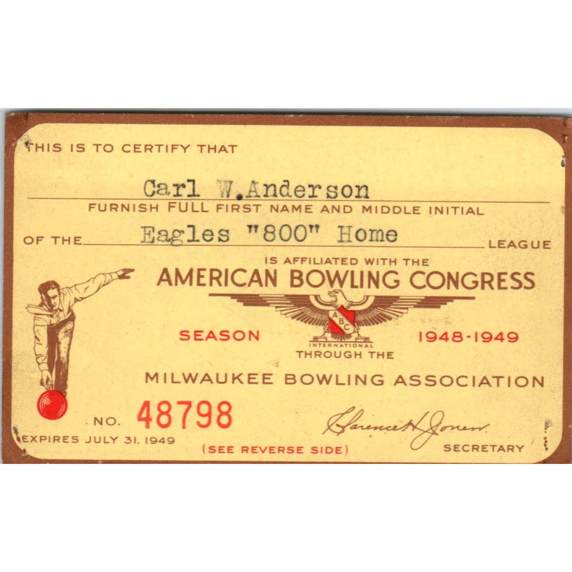 1948 American Bowling Congress Milwaukee Membership Card Eagles 800 Home SE5-17