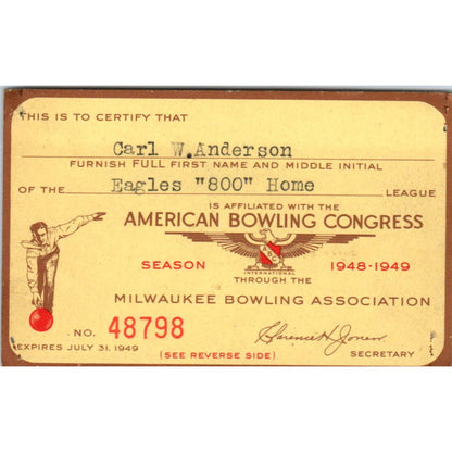 1948 American Bowling Congress Milwaukee Membership Card Eagles 800 Home SE5-17
