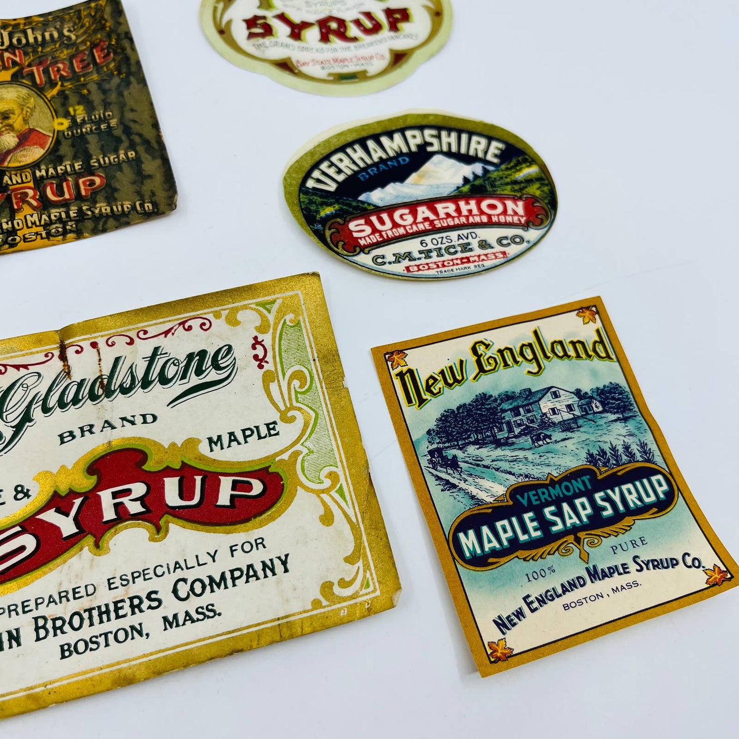 Vintage Lot of 7 Syrup Labels New England Vermont Boston EA4