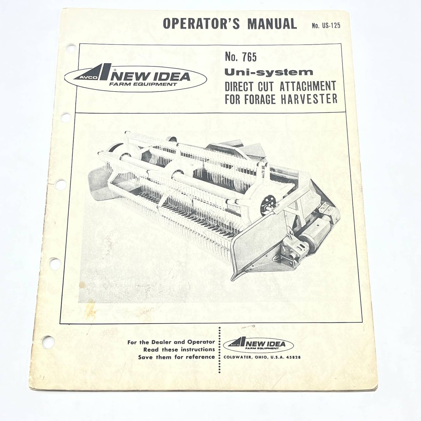 Original New Idea No. 765 Uni-system Direct Cut for Forage Harvester Manual TB9