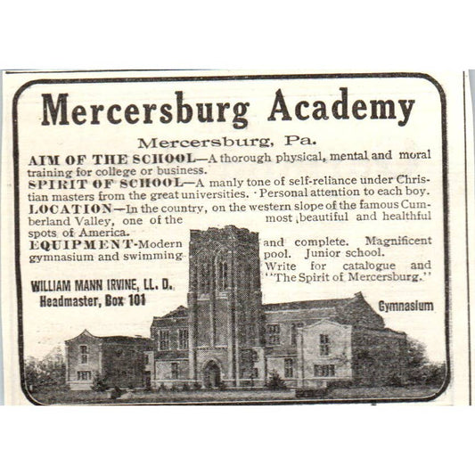c1920 Harper's Magazine Ad - Mercersburg Academy William Mann Irvine PA EA3