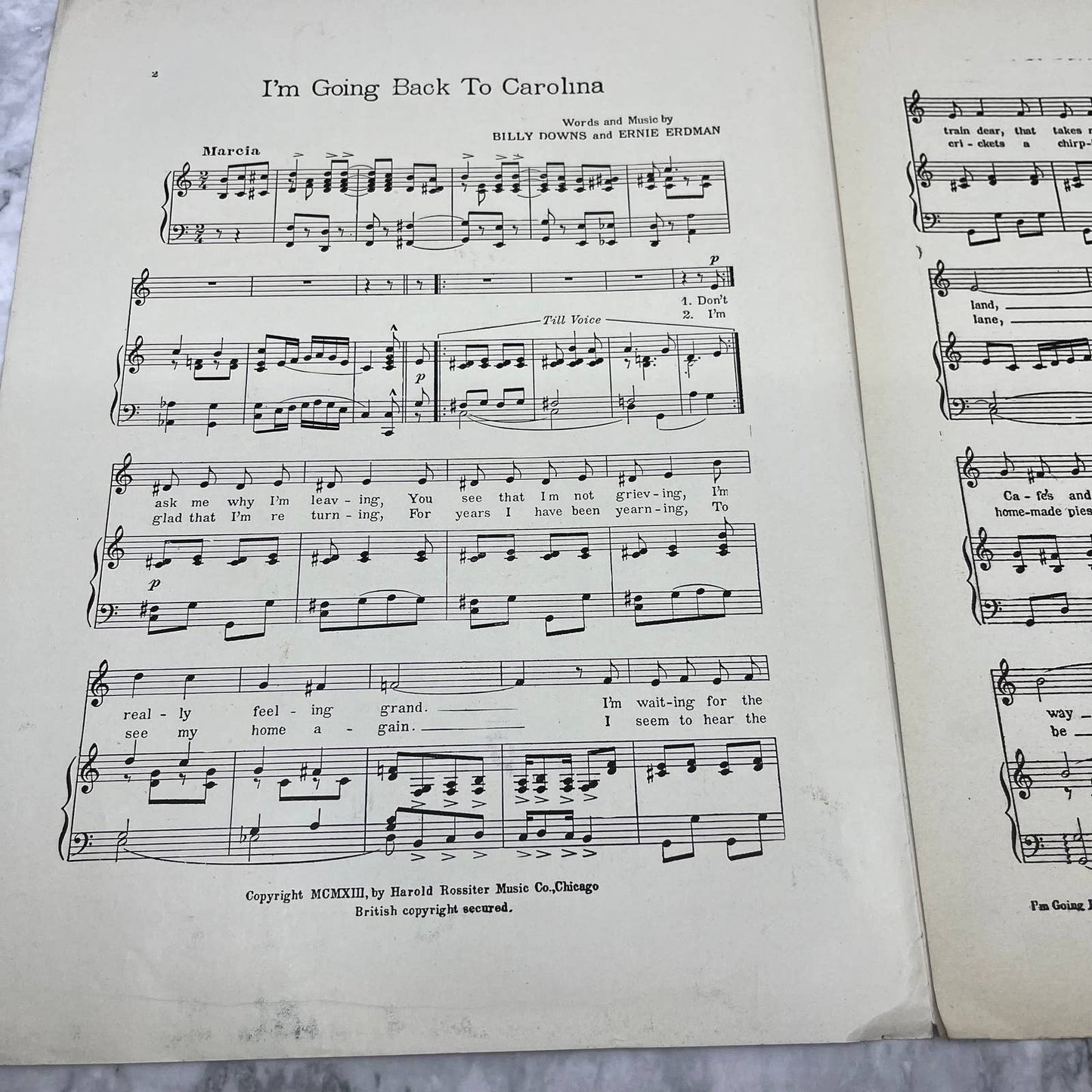 1913 I'm Going Back To Carolina Billy Downs Erdman Janet Adair Sheet Music TI1