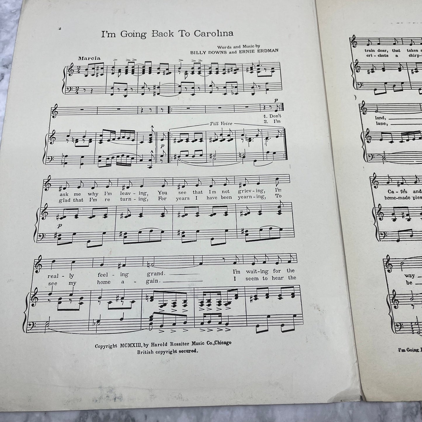 1913 I'm Going Back To Carolina Billy Downs Erdman Janet Adair Sheet Music V39-4