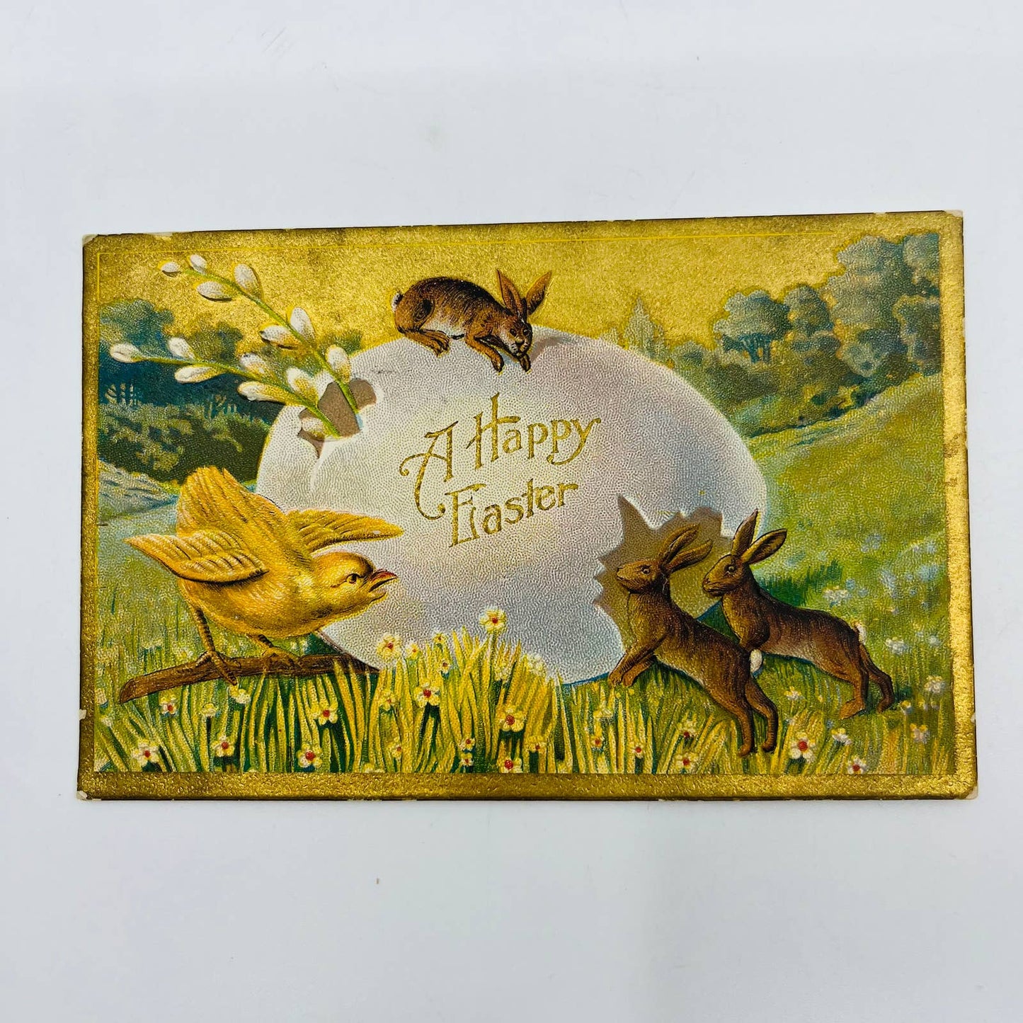 1910s Easter Post Card WINSCH Back Embossed Chick Bunny Rabbits Giant Egg PA5