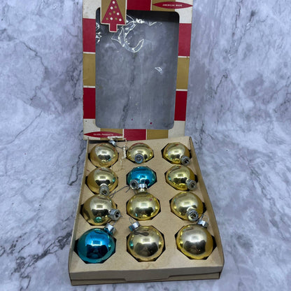 Coby 12 Vintage 1 3/4" Mercury Glass Ornaments Original Box Blue Gold OT1