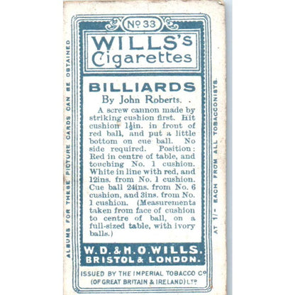 1909 Wills Cigarette Card Billiards #33 By John Roberts SE5