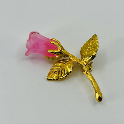 Vintage MCM Acrylic Pink Rose Brooch Gold Tone SA6