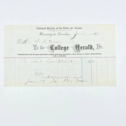 1876 University at Lewisburg Bucknell College Herald Billhead Receipt AC2