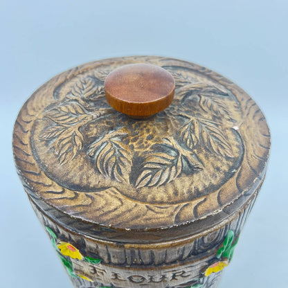 1960s Treasure Craft Owl Flour Canister Ceramic Brown Wood Grain USA TE8