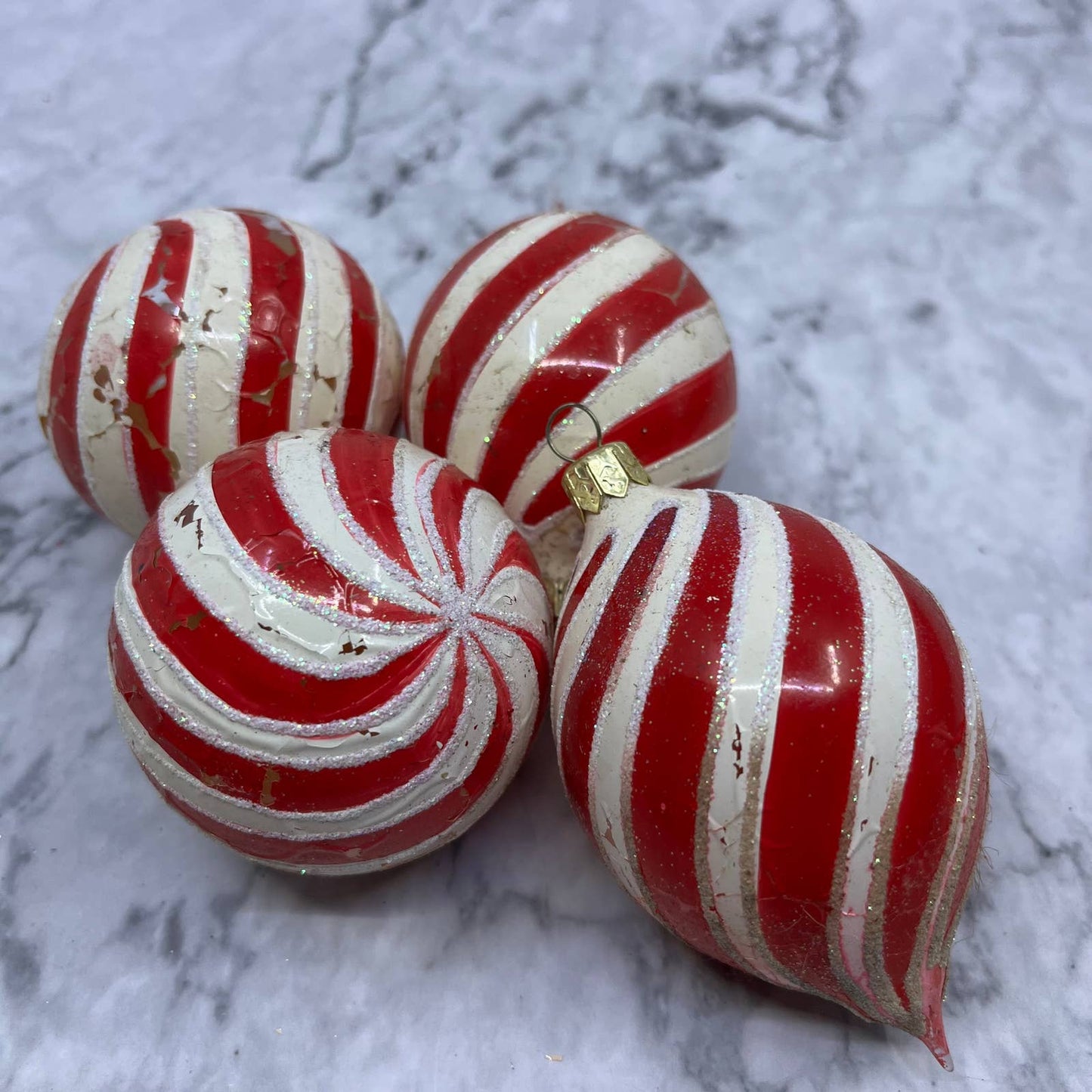 Lot of 4 Candy Cane Striped Mica Stencil Blown Mercury Glass Ornaments OT2