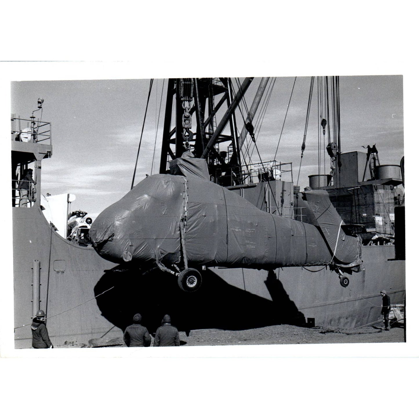 c1970 Original Photograph Lowering Wrapped Helicopter on Ship 5x7" AD6-3