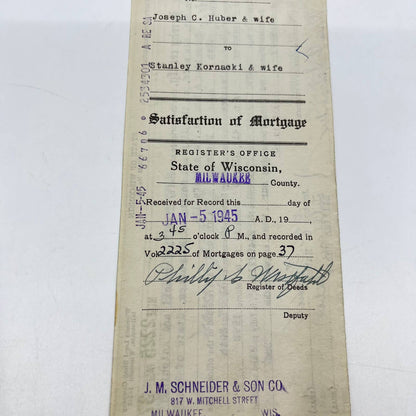 1940s Purchase Agreement Warranty Deed Satisfaction of Mortgage Milwaukee WI AA7