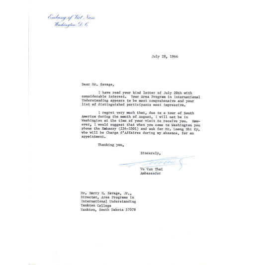 Embassy of Viet Nam Letterhead Memo Vu Van Thai 7/28/66 TK1-P9