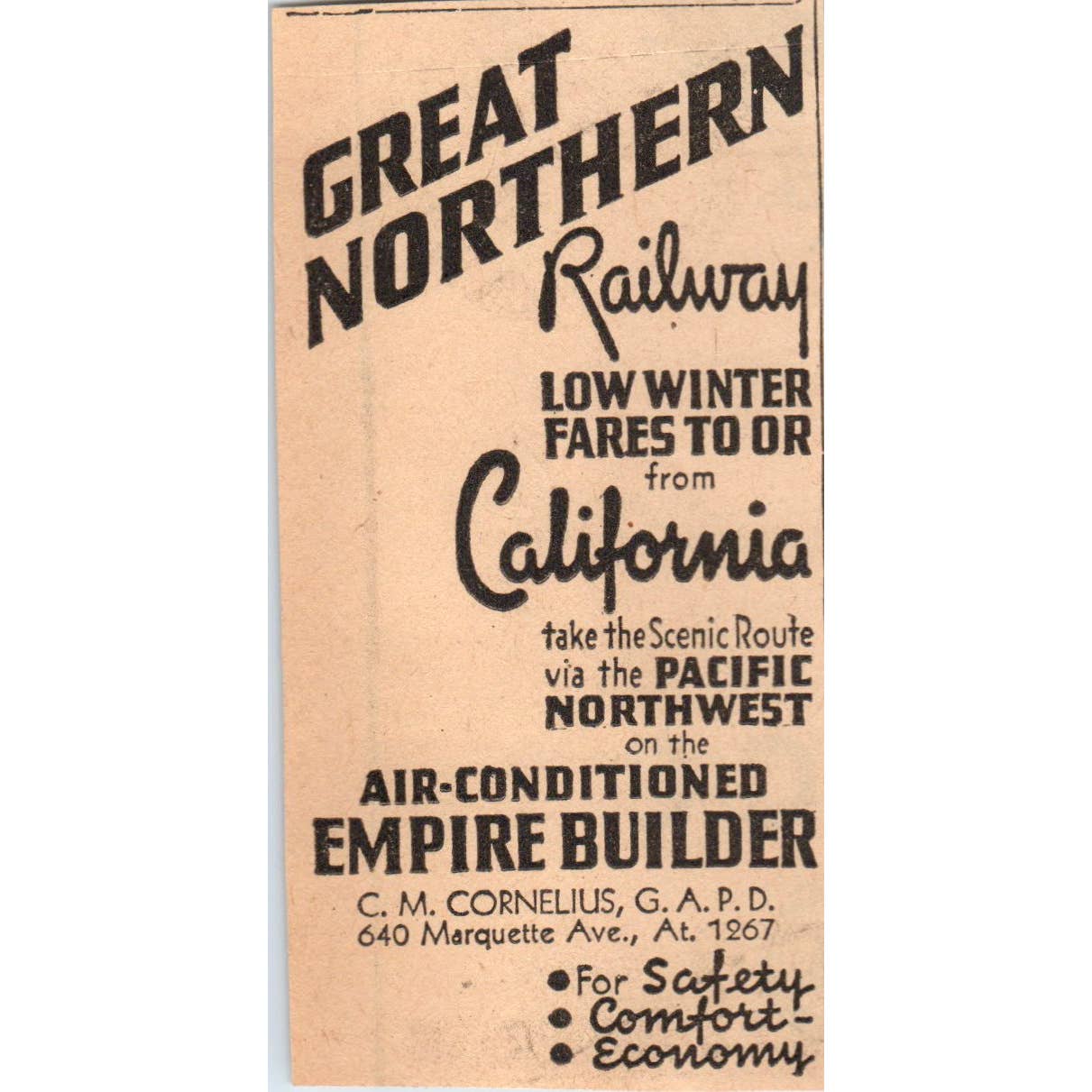 1935 Minneapolis Newspaper Great Northern Railway Fares to/from California FL5-4
