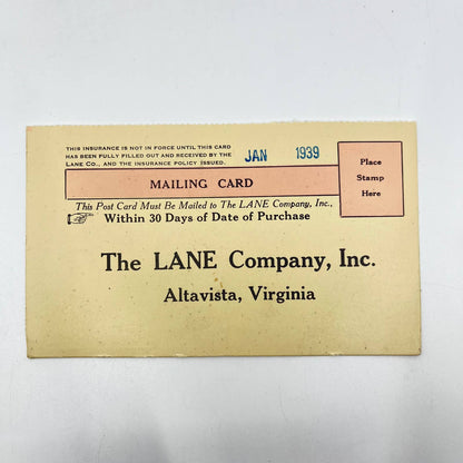 1939 Lane Cedar Chest Moth Insurance Card Insert and Mailing Card AA7