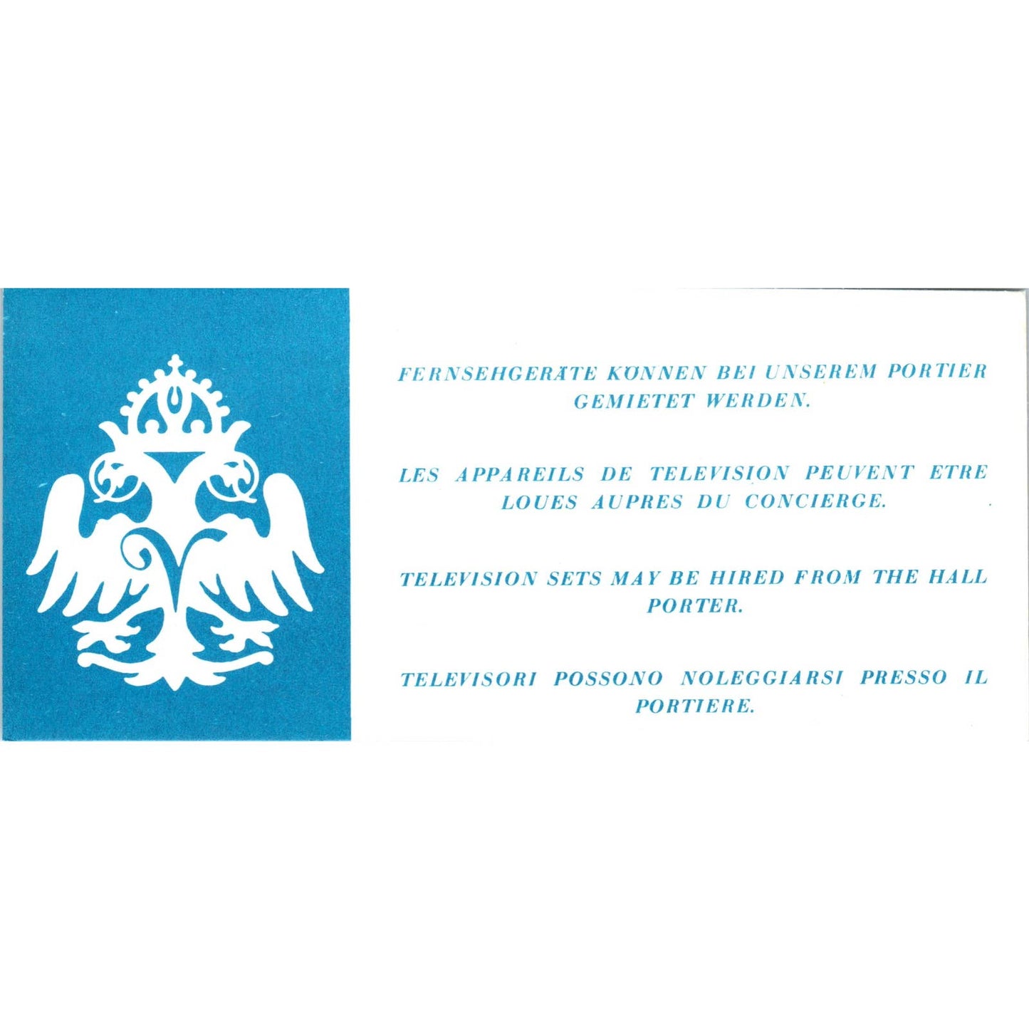 Vintage Intercontinental Hotel Vienna Television Porter Guest Card AD7