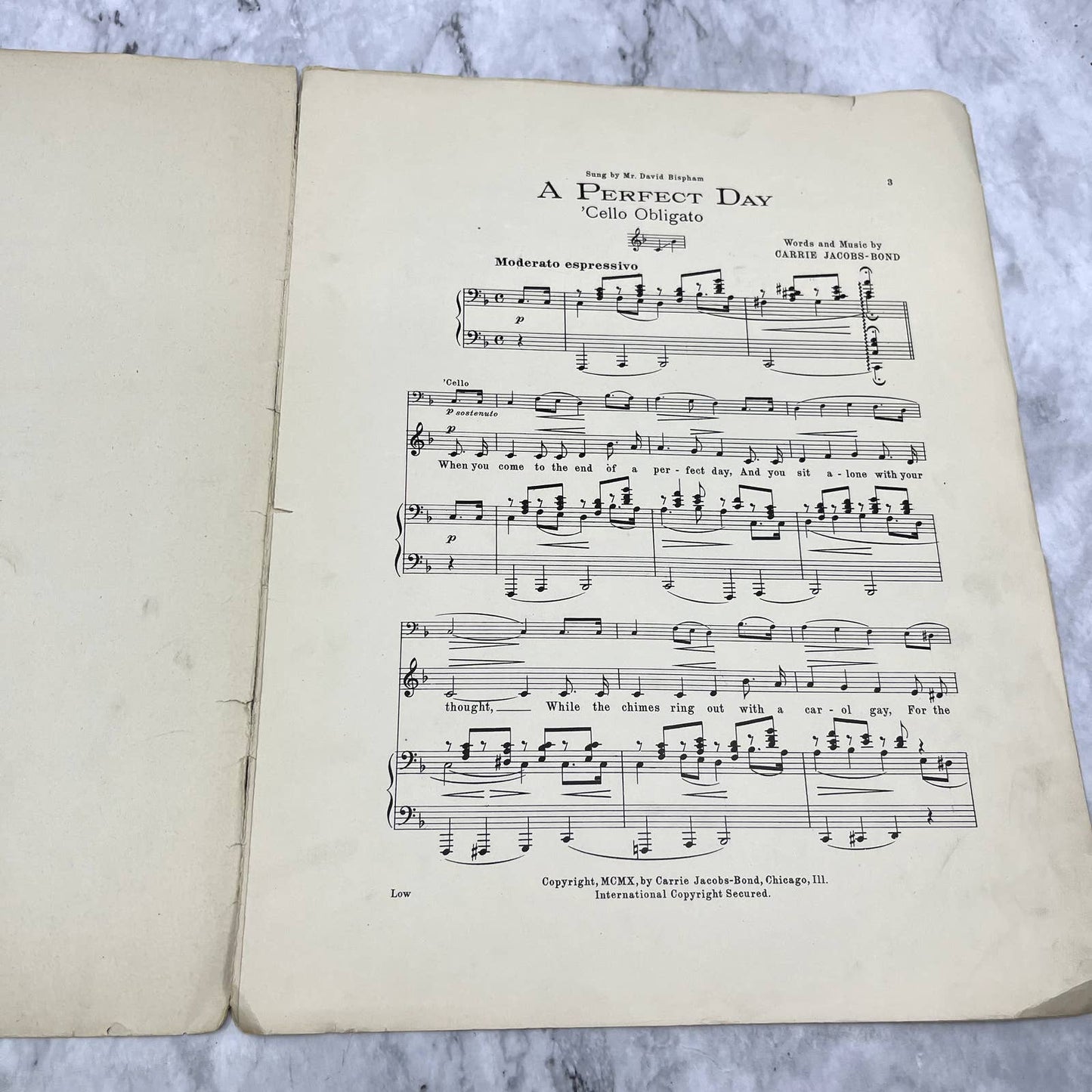 A Perfect Day Carrie Jacobs-Bond 1910 Sheet Music TK2-SM