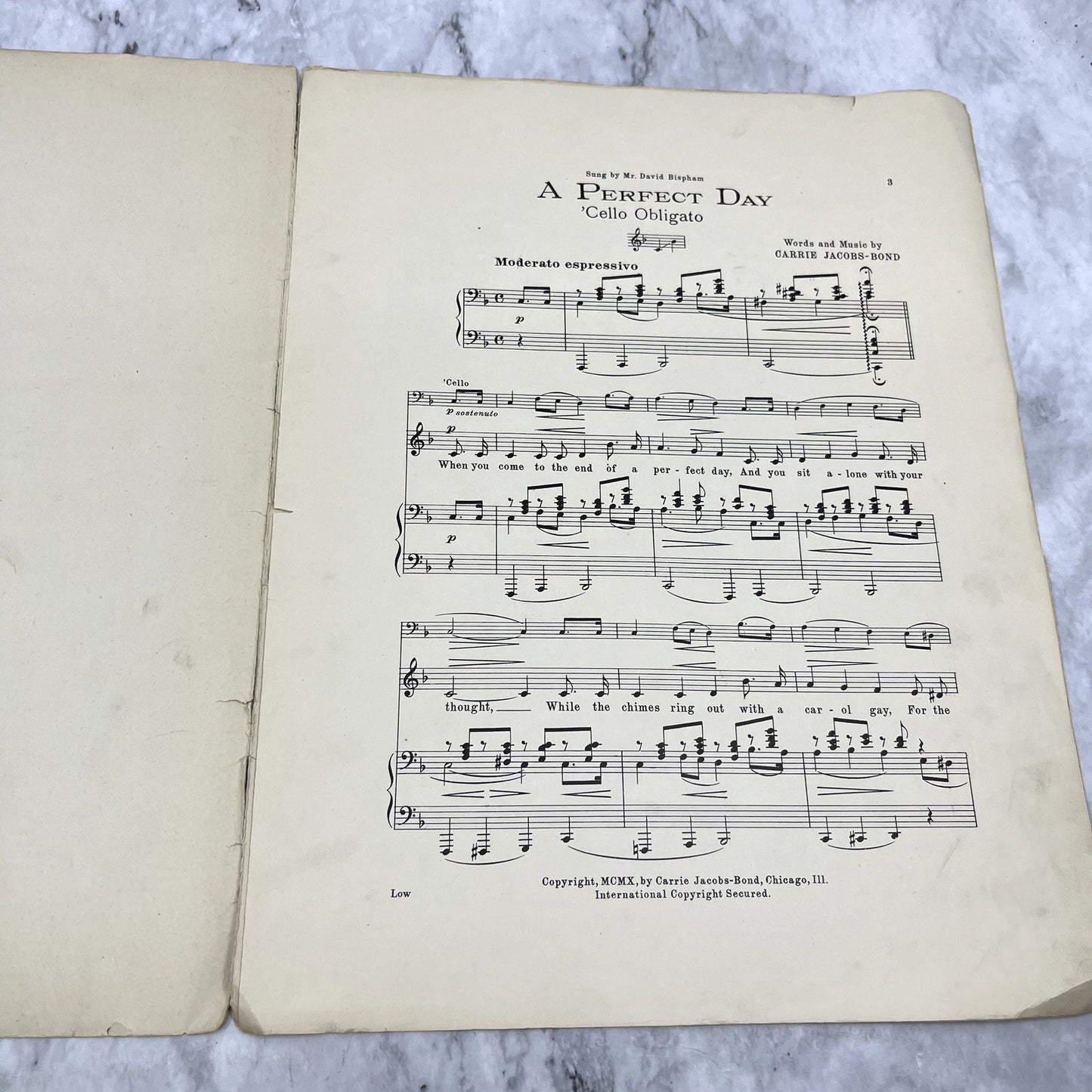 A Perfect Day Carrie Jacobs-Bond 1910 Sheet Music V37-5