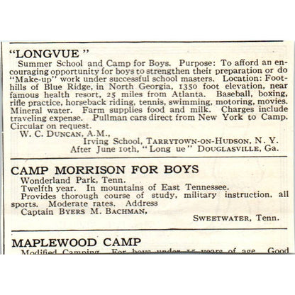 c1920 Harper's Ad - Aloha Camps for Girls E.L. Gluck Fairlee VT Pike NH EA3