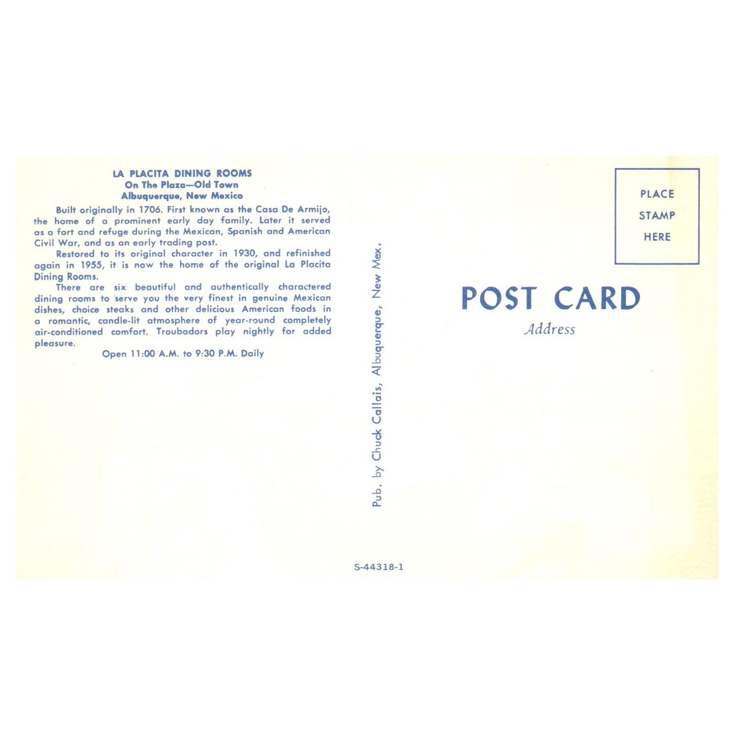 Vintage Postcard - La Placita Dining Rooms Albuquerque New Mexico TJ6-1