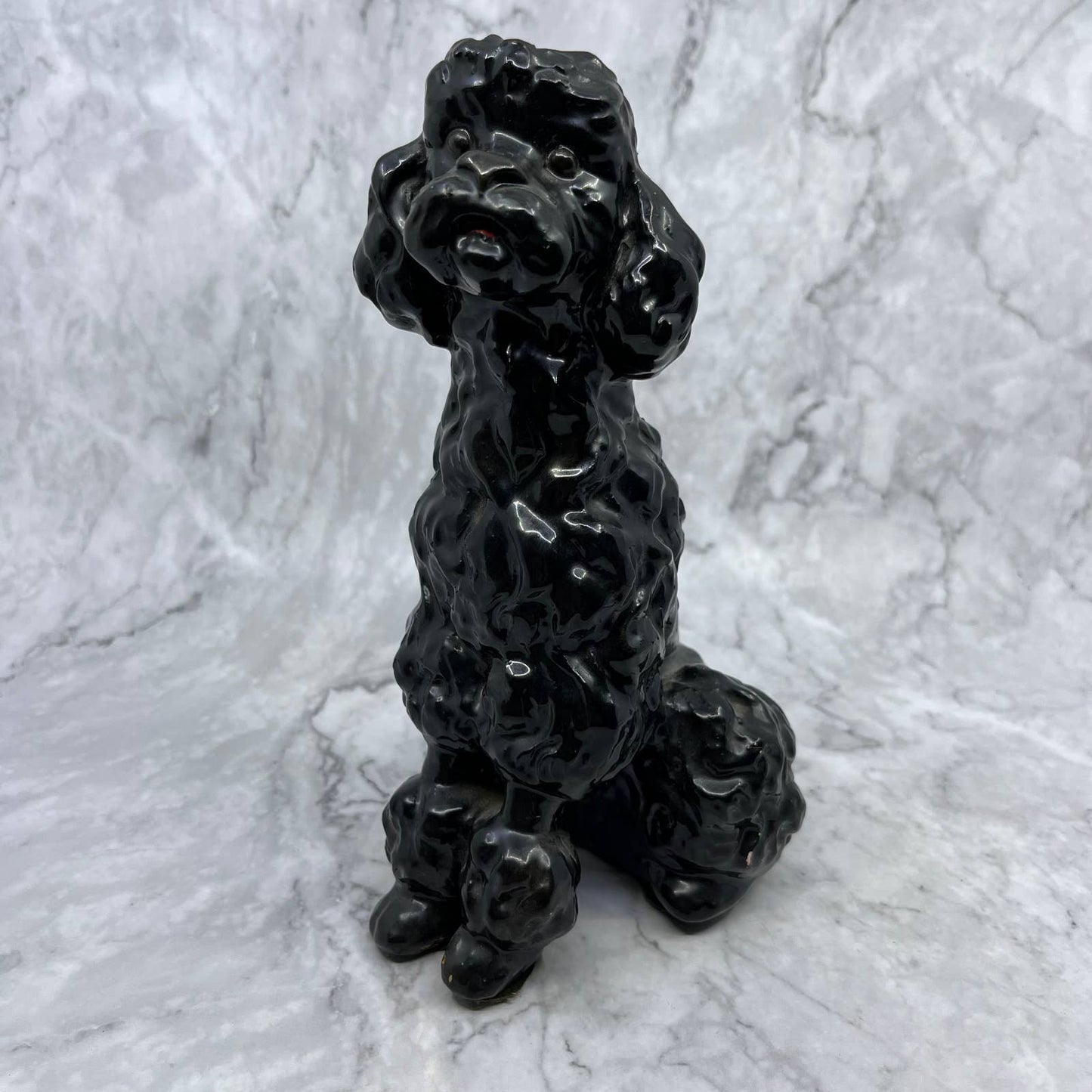 Vintage MCM Large Porcelain Poodle Dog Figurine Glossy Black 9" TI9