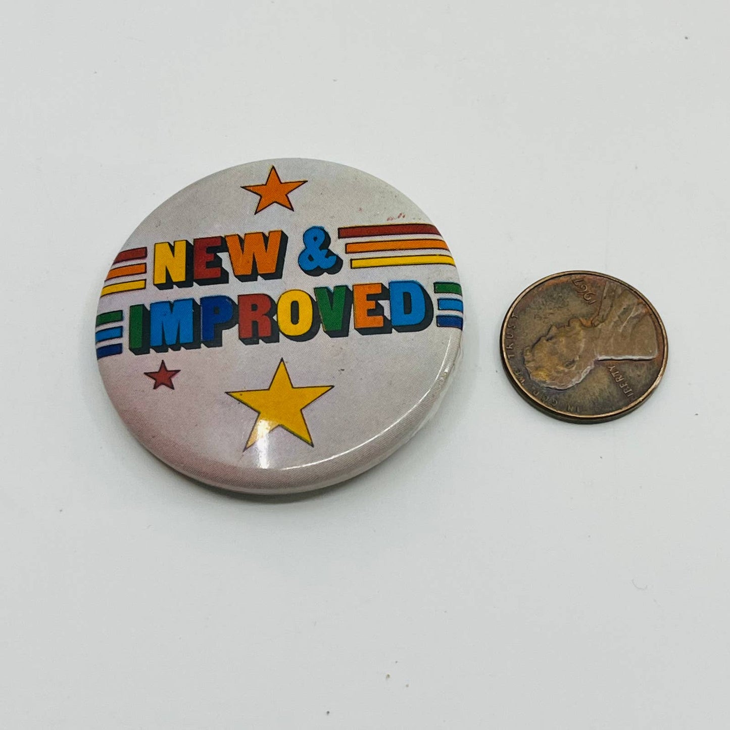 Vintage 1980s New & Improved Rainbow Pinback Button SB5