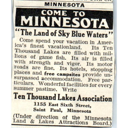 c1920 Harper's Magazine Ad - Minnesota Vacations Lakes & Attractions Board EA3-2
