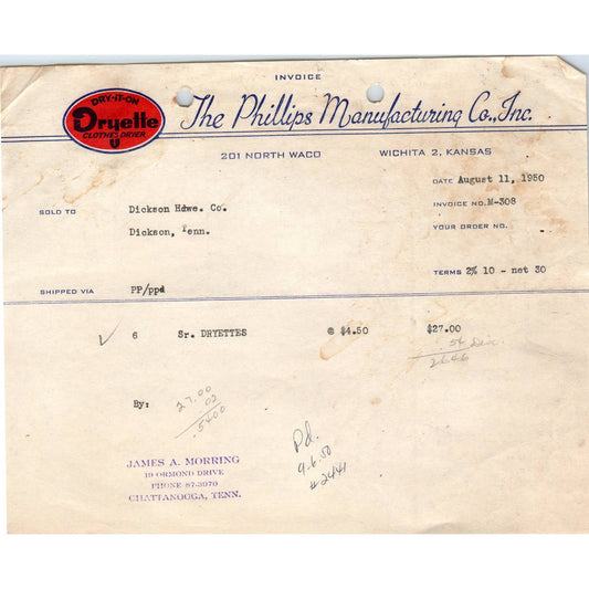 1950 The Phillips Manufacturing Co Inc Dryette Billhead Wichita KS AD5