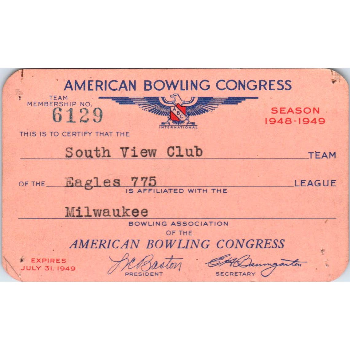 1948 American Bowling Congress Milwaukee Membership Card Eagles 775 SE5-14