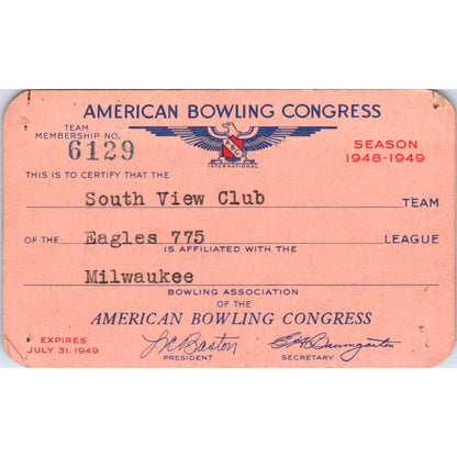 1948 American Bowling Congress Milwaukee Membership Card Eagles 775 SE5-14