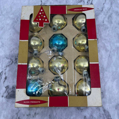 Coby 12 Vintage 1 3/4" Mercury Glass Ornaments Original Box Blue Gold OT1