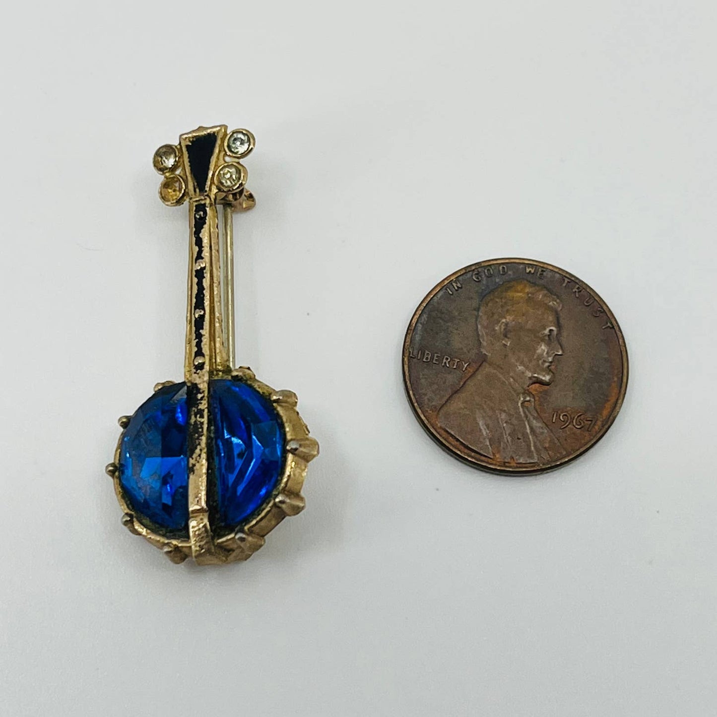 1930s Sapphire Blue Rhinestone BANJO Pin Gold Tone Brooch SB2