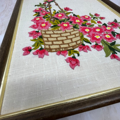 1970s Embroidery Crewel Wall Art Basket Of Pink Flowers Peonies 14.5x11.75"