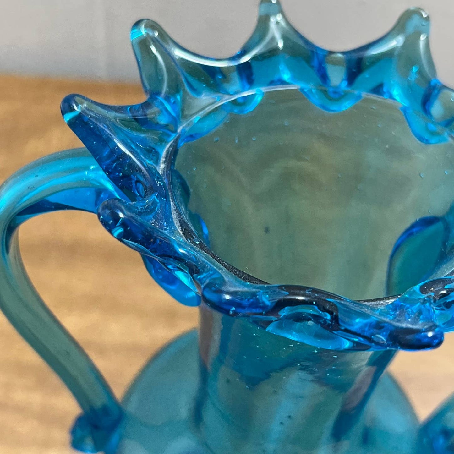 One of a Kind Vintage Hand Blown Art Glass Vase Blue 7” TA1