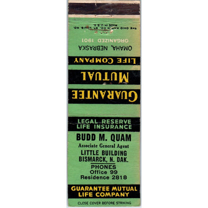 Guarantee Mutual Life Co Omaha NE Advertising Matchbook Cover MM9-9