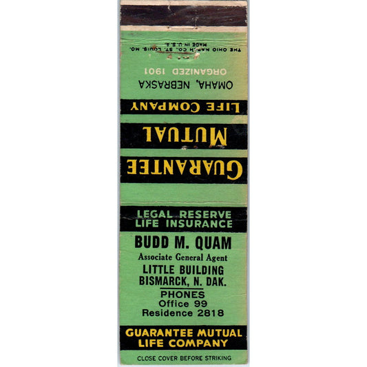 Guarantee Mutual Life Co Omaha NE Advertising Matchbook Cover MM9-9